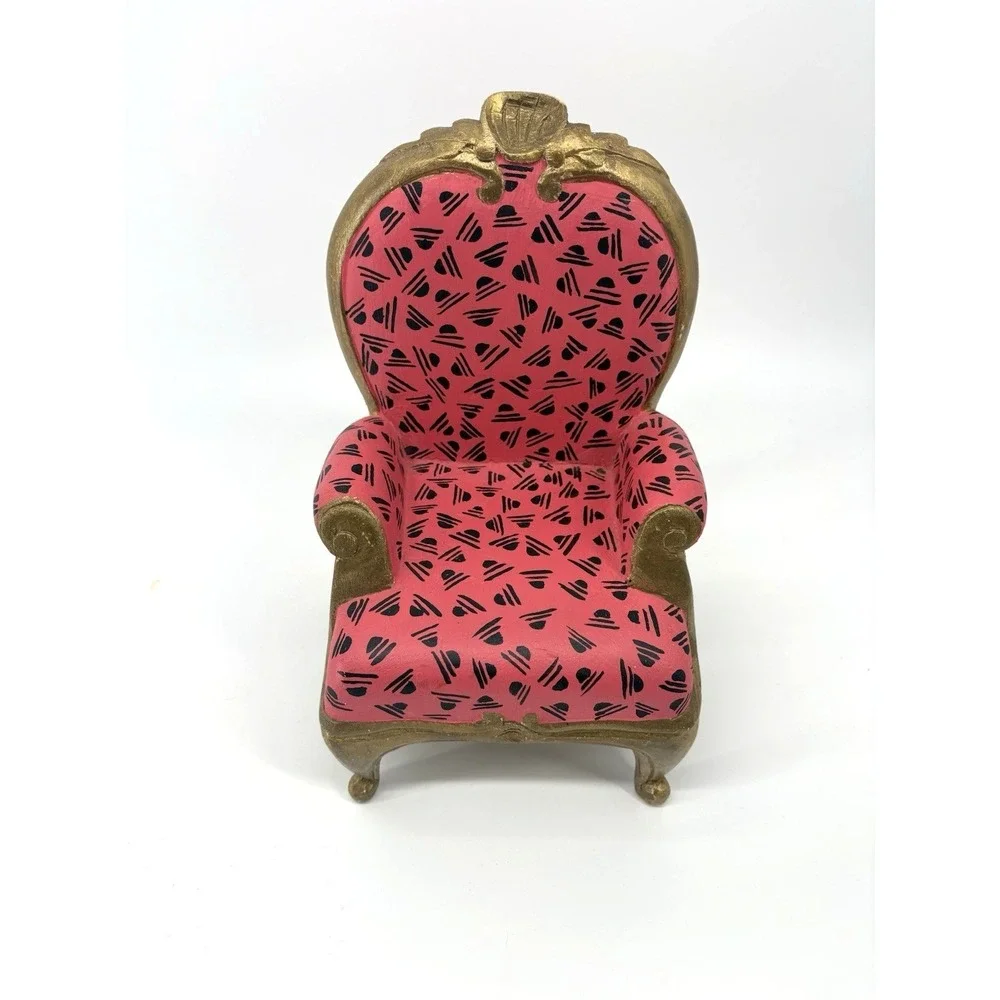 Vintage Miniature Dollhouse Armchair Ornate Gold Trim Pink Print Accent Chair